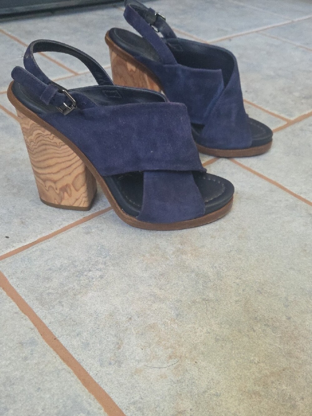 Vince Navy Suede Crossover Slingback Block Heels